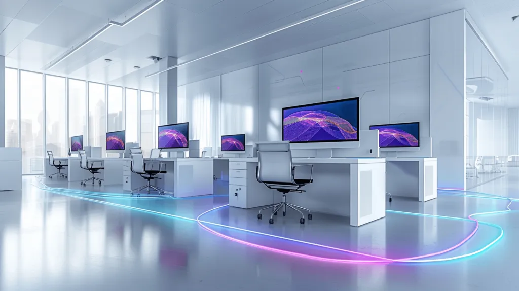 Futuristischer Kundenservice-Arbeitsplatz mit digitalen Assistenzsystemen