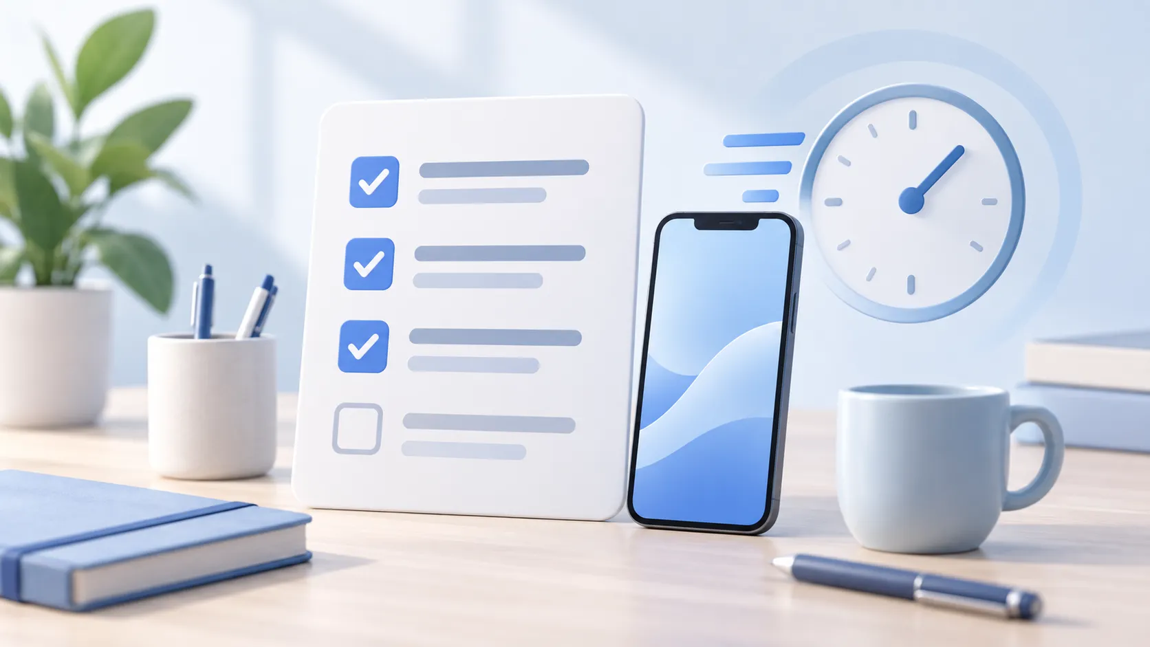 Schreibtisch mit Checkliste, Smartphone und Uhr als Symbol für die schnelle Einrichtung von qutee.ai